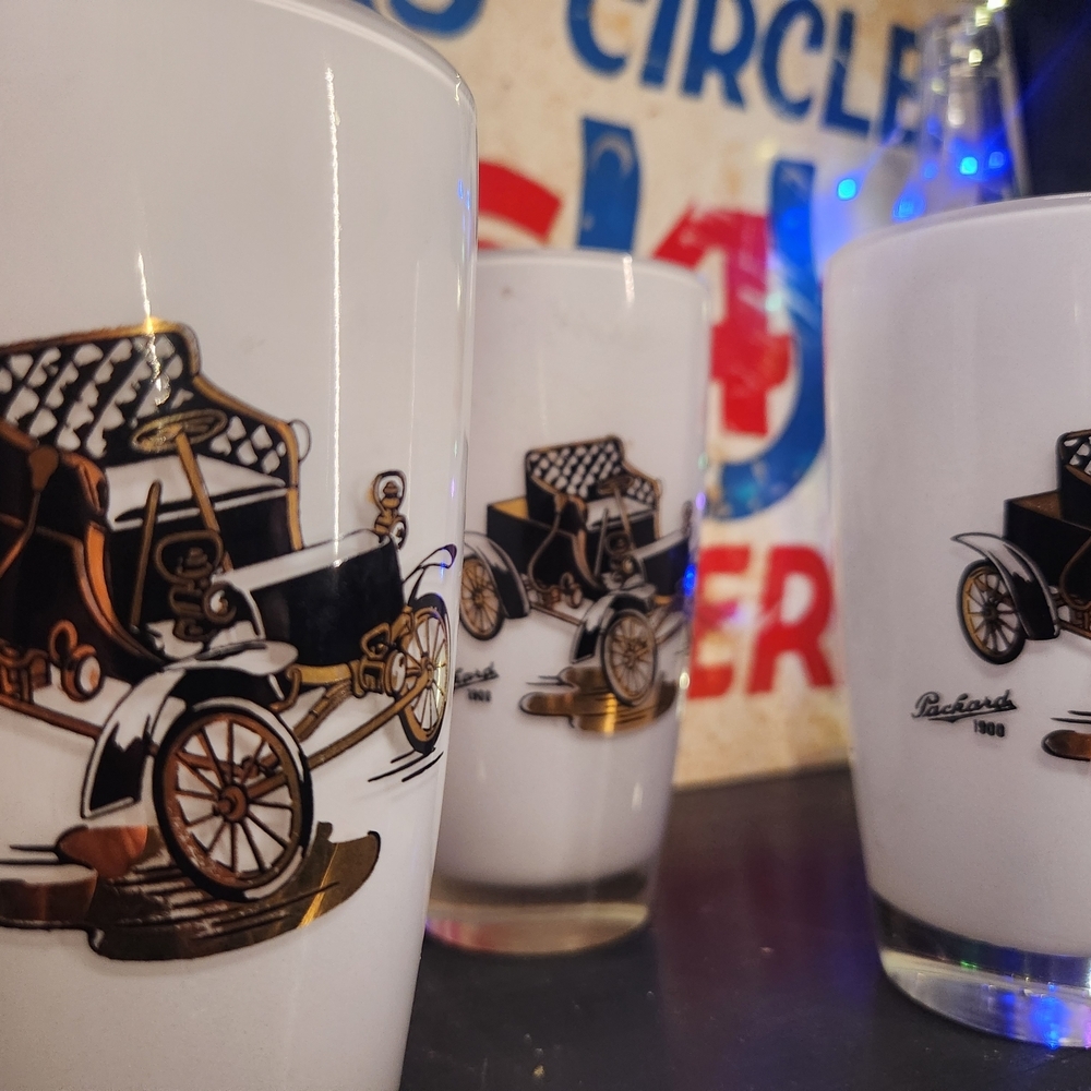 Vintage Car Tumblers Glasses White Rambler Chevrolet Packard Dodge Set Of 4